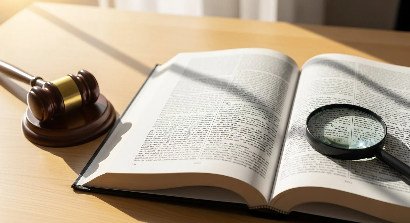 Gesetzbücher mit Lupe und Waage der Justiz