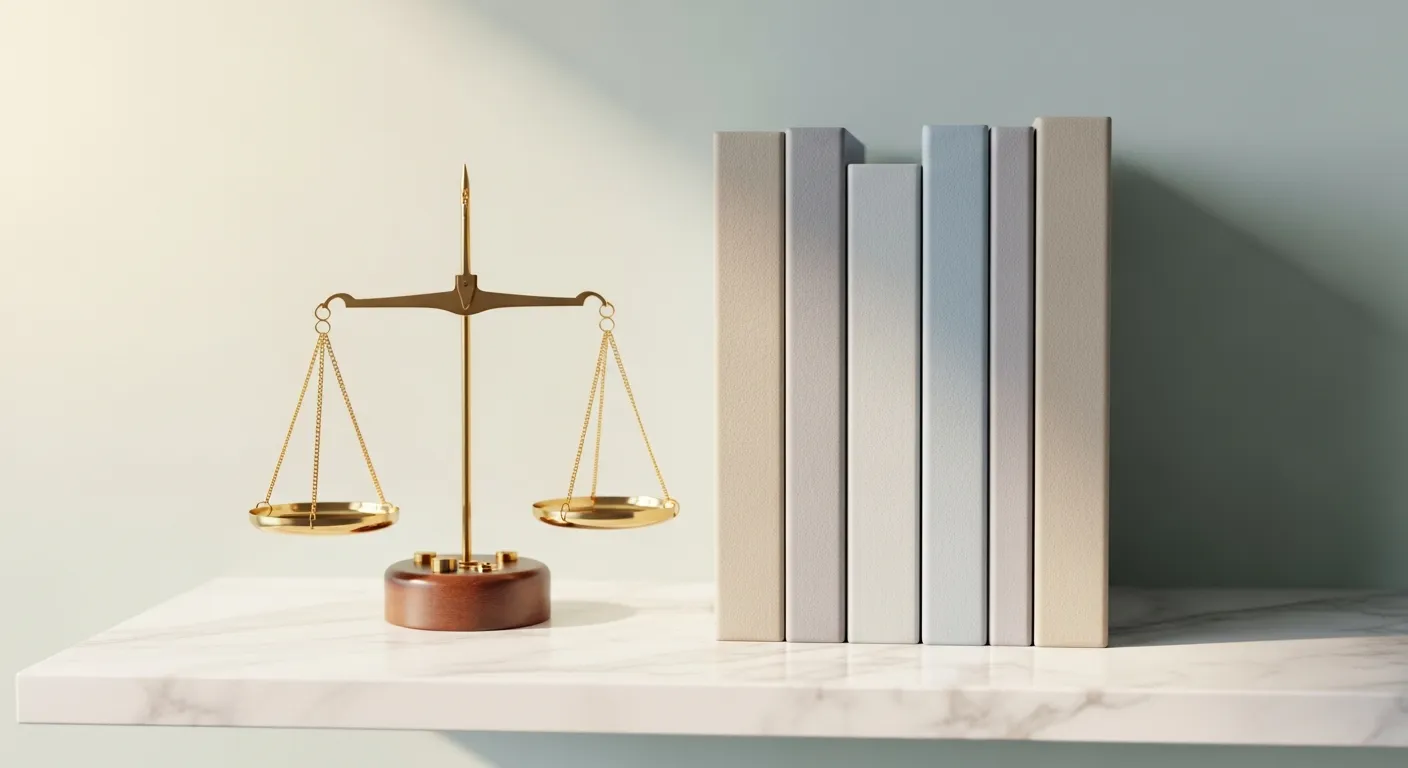 Deutsche Gesetzbücher in einer Gerichtsbibliothek mit Waage der Justiz