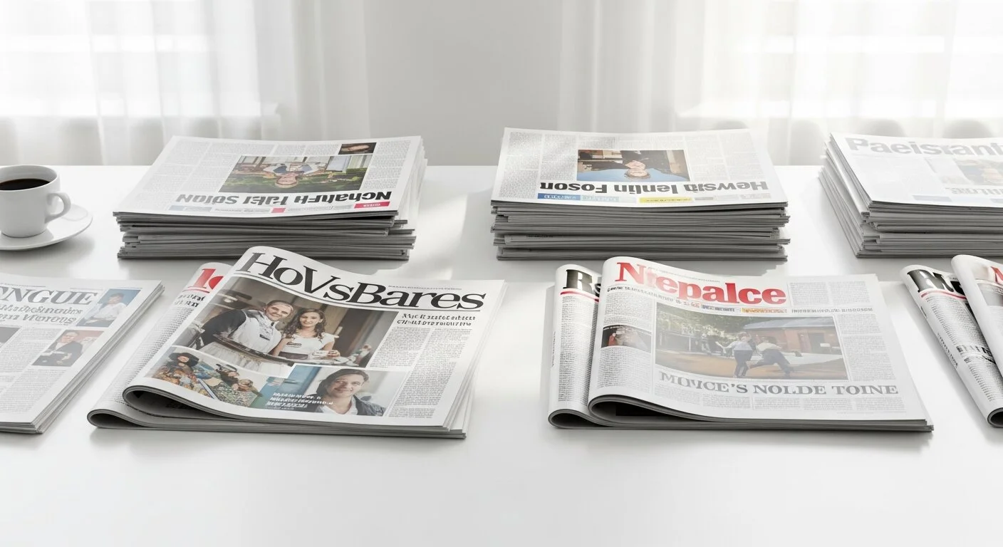 Zeitungen und Medienartikel auf einem Schreibtisch mit Lupe