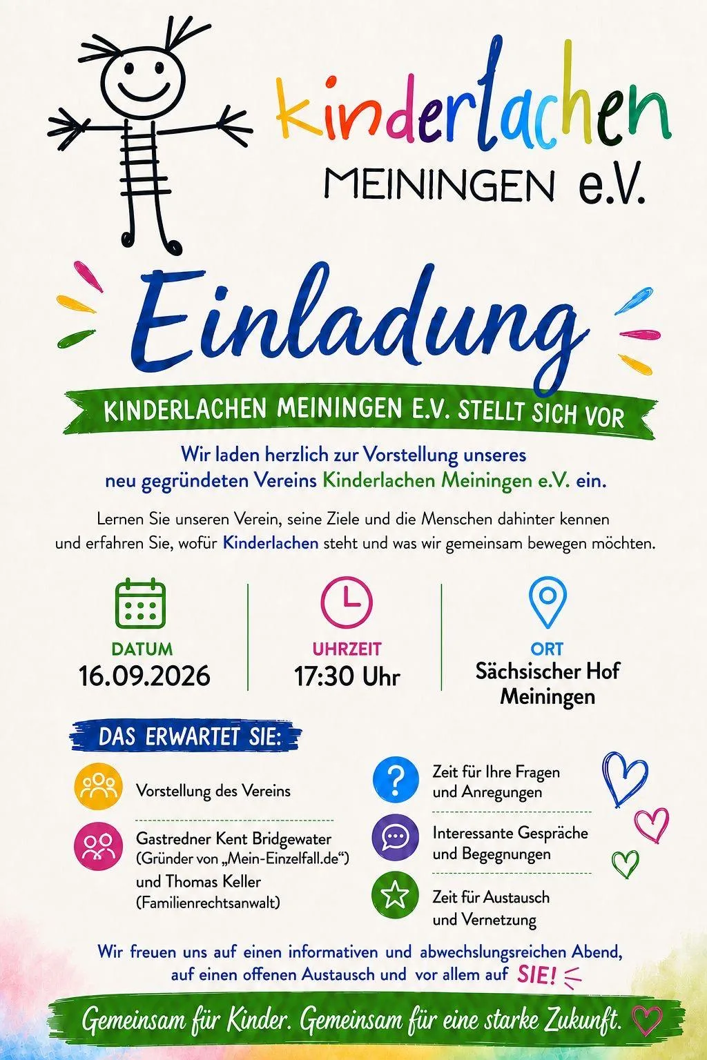 Einladung von Kinderlachen Meiningen e.V. zur Vereinsvorstellung am 16. September 2026, 17:30 Uhr, im Sächsischen Hof Meiningen